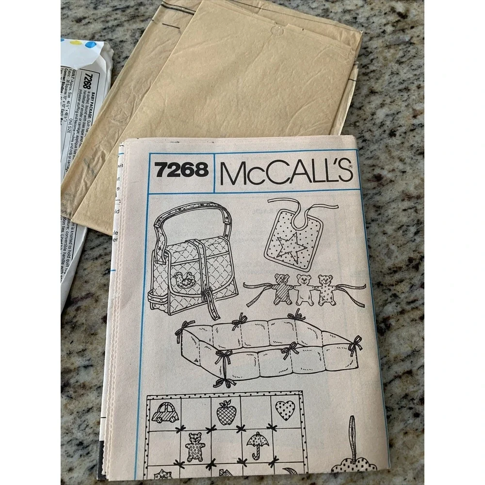 McCalls Sewing Pattern 7268 Baby Crib Blanket Quilt Stroller Bag Mobile Toy Bib